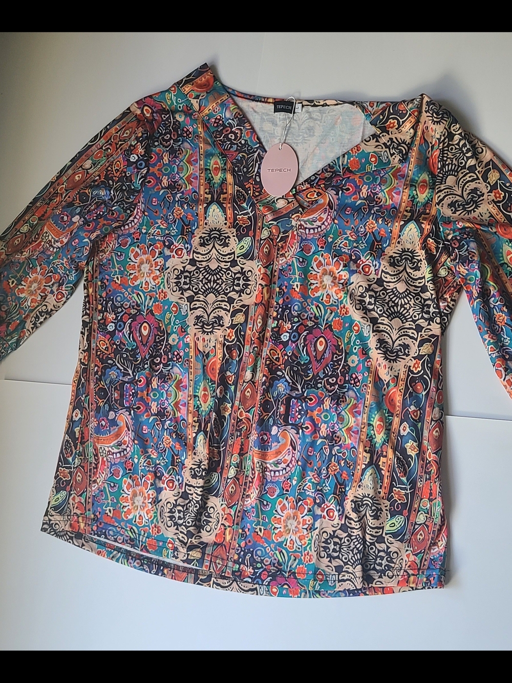 Paisley Floral V-Neck Women’s Top in Blue and Coral